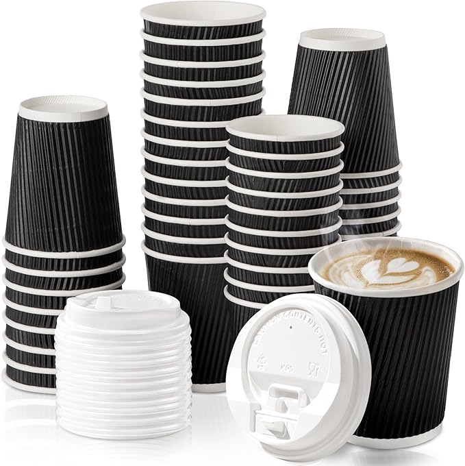 Fit Meal Prep 250 Pack 8 oz Black Disposable Coffee Cups with Lids & Stirrers, Corrugated Triple Wall To Go Hot Cups, Insulated Paper Coffee Cups for Hot Beverages, Travel, Home, Office (White Lids)