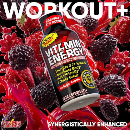 Vitamin Energy Workout+ Extra Strength Energy Shot Berry 8 Pack, 260mg Natural Caffeine, Pre-Workout, B-Vitamins, Minerals, Endurance & Performance, Zero Sugar, Gluten-Free, Vegan, 1.93 fl oz