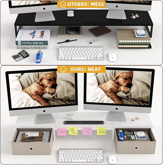Dual Monitor Stand Riser with 2 Drawers - 39Inch Large Storage Computer Monitor Stands for 2 Monitors, Wooden Desktop Organizer Perfect for Home Office Desk, Computer, Laptop, TV, White