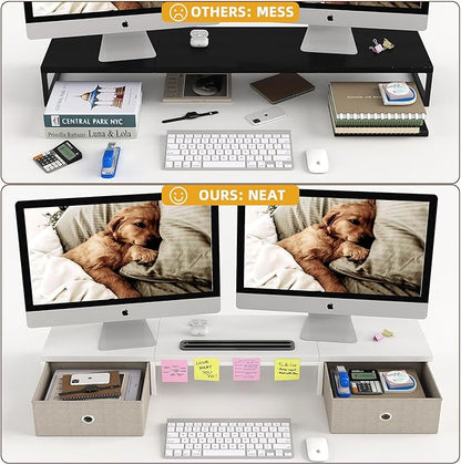 Dual Monitor Stand Riser with 2 Drawers - 39Inch Large Storage Computer Monitor Stands for 2 Monitors, Wooden Desktop Organizer Perfect for Home Office Desk, Computer, Laptop, TV, White