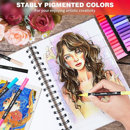 Dual Brush Pens, Markers Adult Coloring Book,100 Colors Art Pens with Fine Point Markers and Brush Tip for Adult Kids Drawing (Black Set)