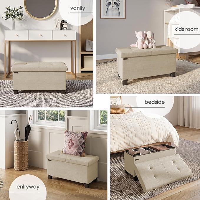 STORAGEBUD Storage Ottoman Bench with Bins, 30-in Storage Bench for Bedroom End of Bed, Folding Foot Rest Ottoman for Living Room Max 660lbs, Fabric Ottomans, Beige