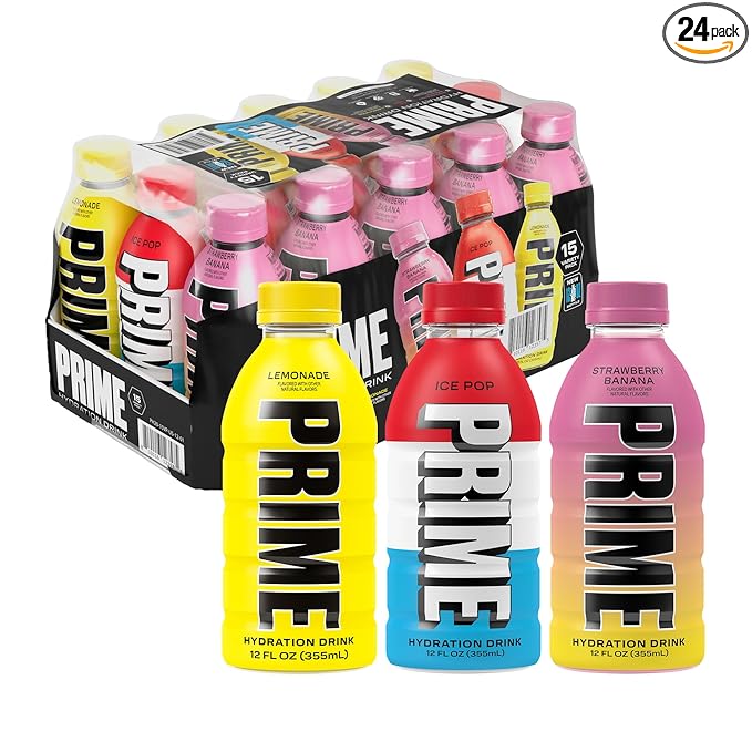 PRIME HYDRATION Variety - ICE POP, Strawberry Banana, Lemonade, Sports Drinks, Electrolyte Enhanced for Ultimate Hydration, 250mg BCAAs, B Vitamins, Antioxidants, Low Sugar, 12 Fl Oz, 15 Pack