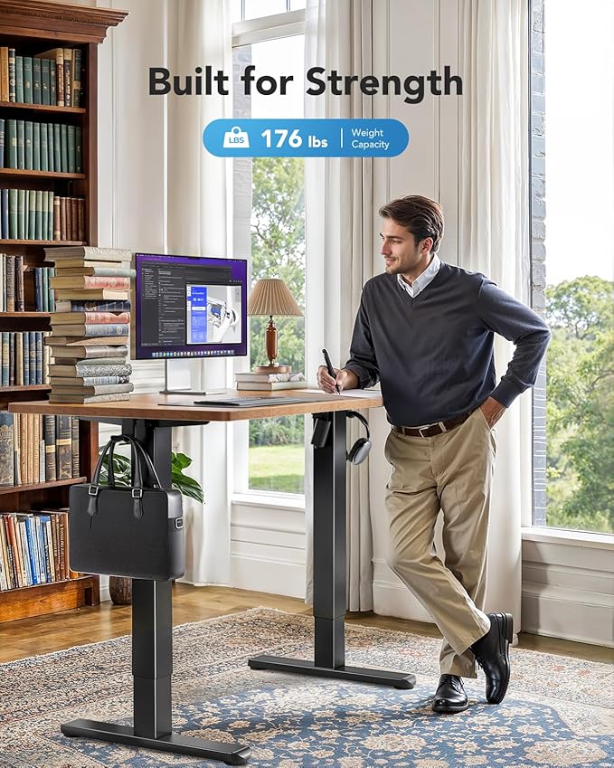 HUANUO 48 x 24 inch Electric Standing Desk, Height Adjustable Table with Headphone Hooks & Cable Manager, Sit to Stand up Desk for Home Office, Vintage Brown