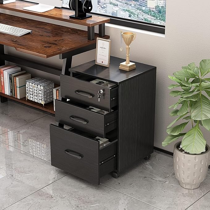 File Cabinet 3 Drawers with 1 Lock Wooden Rolling Mobile Filing Cabinet with Wheels for Home Office Under Desk File Cabinet Office Storage Cabinet, Black