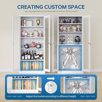 Display Storage Cabinet with Glass Door, 71 Inches Metal Curio Cabinet with 4 Adjustable Shelves, Locking Glass Display Case for Home, Office, Clinic, Pantry, Assemble Required (White)
