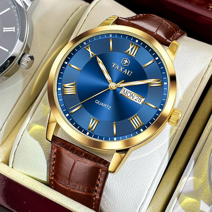 Mens Watches Luxury Dress Waterproof Leather Watch with Date Day Analog Quartz Large Number Wrist Watch Casual Classic Luminous Scales Big Face Easy Read Reloj para Hombre