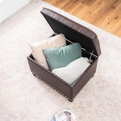 Adeco Bonded Leather Square Tufted Storage Footstool, 18" ottoman, Dark Brown
