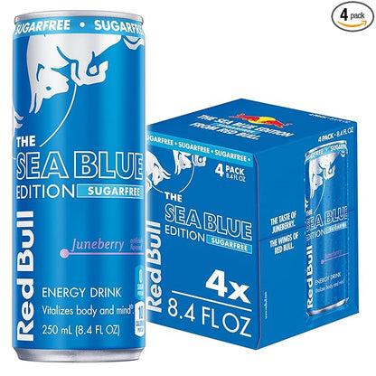 Red Bull Sea Blue Edition Sugar-Free Energy Drink, Juneberry, with 80mg Caffeine plus Taurine & B Vitamins, 8.4 Fl Oz, Pack of 4 Cans
