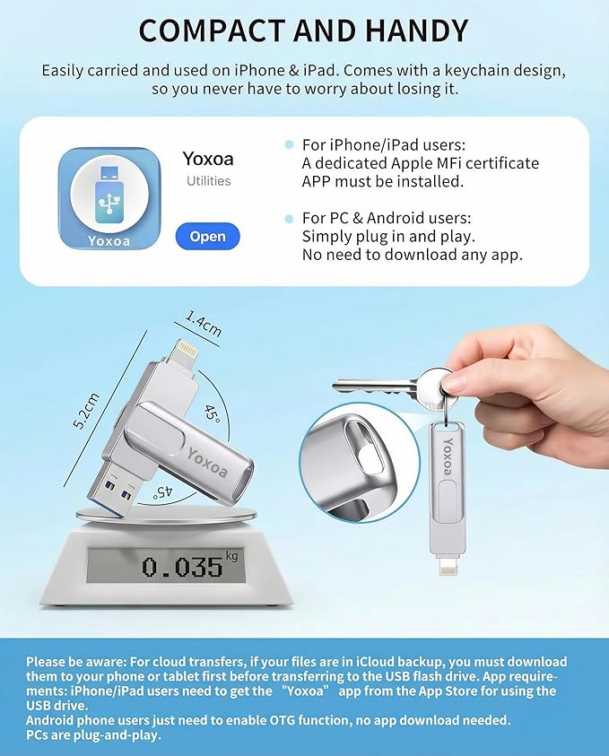 MFi Certified 256GB Flash Drive for iPhone & iPad, High-Speed Photo Stick for External Memory Storage, Backup & Transfer Files, USB Stick for iPhone/iPad/iOS/Android/PC (Available Space: ~244GB)Silver