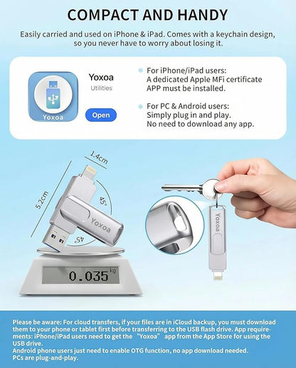 MFi Certified 256GB Flash Drive for iPhone & iPad, High-Speed Photo Stick for External Memory Storage, Backup & Transfer Files, USB Stick for iPhone/iPad/iOS/Android/PC (Available Space: ~244GB)Silver
