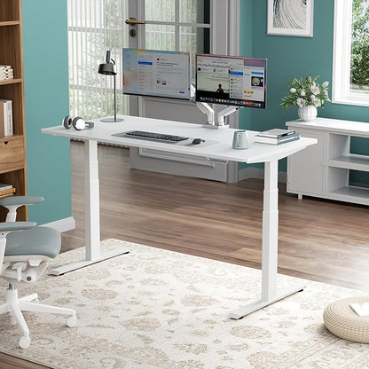 Pro 3 Stages Dual Motor 59 x 30 in Electric Standing Desk with One Piece Desktop, Adjustable Height, Sit to Stand Up Desk for Home Office, Work Study, White Frame & White Desktop (2 Packages)