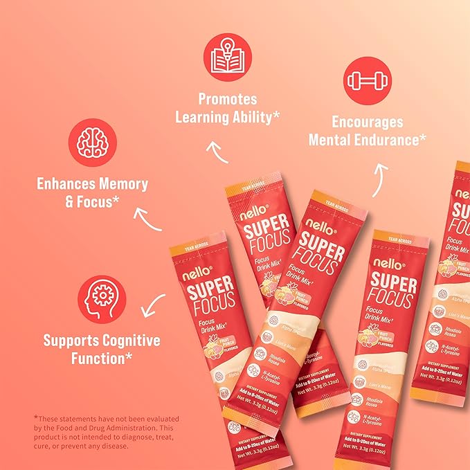 Nello SuperFocus Focus Drink Mix – Fruit Punch Flavor – Alpha GPC, Lion’s Mane, Rhodiola & N-Acetyl L-Tyrosine – Sugar-Free, On-The-Go Packets – 20 Servings