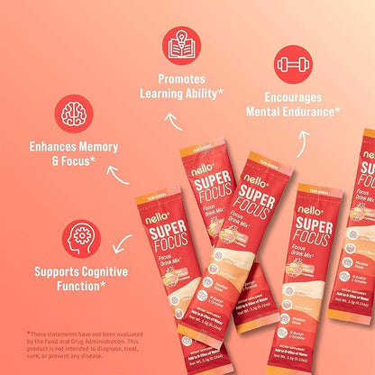 Nello SuperFocus Focus Drink Mix – Fruit Punch Flavor – Alpha GPC, Lion’s Mane, Rhodiola & N-Acetyl L-Tyrosine – Sugar-Free, On-The-Go Packets – 20 Servings