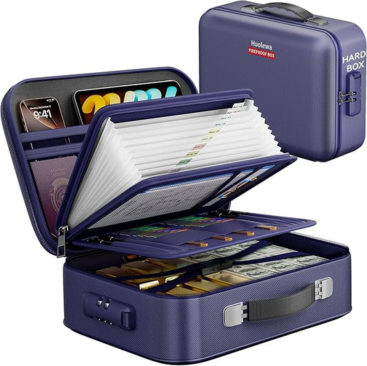 Fireproof Document Box, Hard Case Fireproof Box with Lock, Portable Hard-Shell Fireproof Water Resistant Document Safe for Important Documents, Laptops, Passports, Files and More (Blue)