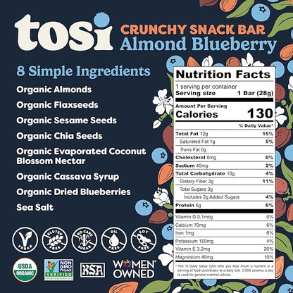 Tosi Nut Bars, Almond Blueberry, Healthy Snacks for Adults & Kids, Plant Based Crunchy Bars (5G Protein), Organic Keto Snacks, Vegan, Gluten & Soy Free, Low Sugar, Omega 3s, 1oz, 12-Pack