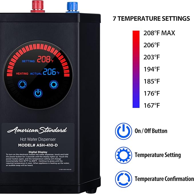 American Standard ASH-410 Digital Hot Water Dispenser, Includes Brushed Nickel Dual Handle Faucet 1500 Watts, 110v