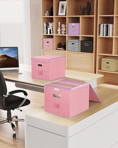 Oterri 2 Pack File Organizer Box,File Box,Small File Cabinet for Letter Folders,Pink Portable Filing Box,Hanging File Folder Organizer with Lid for Office/Decor/Home- without Folders