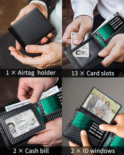 Genuine Leather Wallet for Men Bifold RFID Blocking Wallets with 12 Card Slots, 2ID Window & 2 Cash Pocket - Includes Gift Box (Black Carbon)