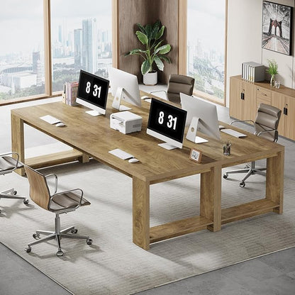 Tribesigns Two Person Desk, 86.6 Inches Extra Long Desk, Double Computer Writing Table, Wood Large Desks Workstation for Home Office, Natural Oak