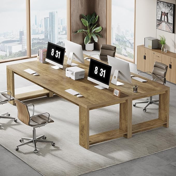 Tribesigns 2 Person Desk Set of 2, 86.6 Inches Extra Long Desk, Two People Computer Writing Table, Long Wood Office Desks Workstation for Home Office, Natural Oak