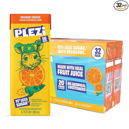 PLEZi Fruit Juice Boxes For Kids, Orange Smash – Low Sugar Drinks with Dietary Fiber, Healthy Vitamin C, and Potassium Electrolytes – 6.75 Fl Oz (Pack of 32)