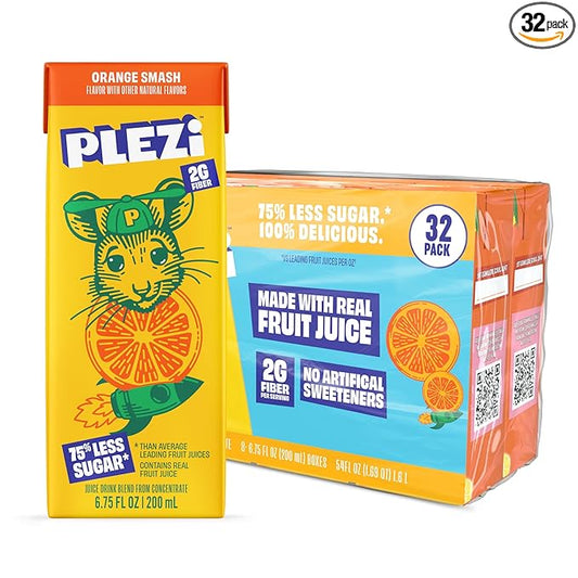 PLEZi Fruit Juice Boxes For Kids, Orange Smash – Low Sugar Drinks with Dietary Fiber, Healthy Vitamin C, and Potassium Electrolytes – 6.75 Fl Oz (Pack of 32)