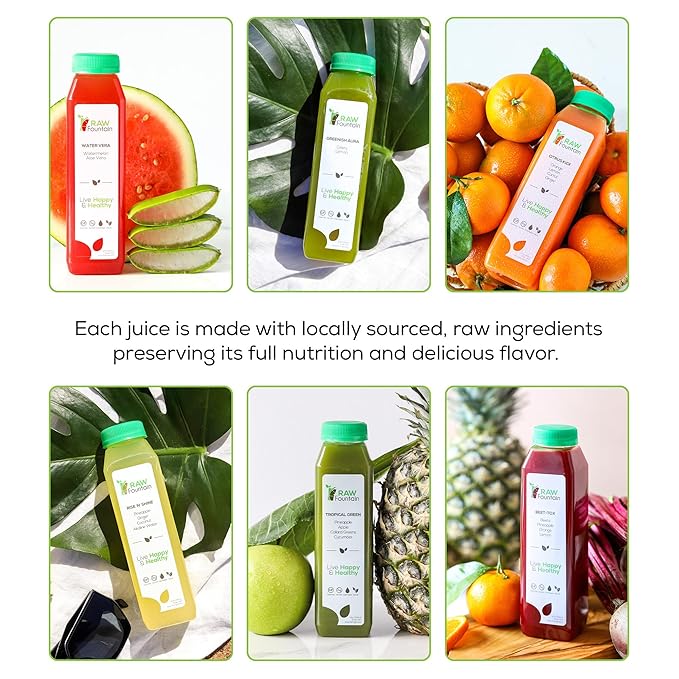 7 Day Juice Cleanse by Raw Fountain, Tropical Flavors, All Natural Raw, Cold Pressed Fruit and Vegetable Juices, Detox Cleanse, 42 Bottles 12oz, 7 Bonus Ginger Shots