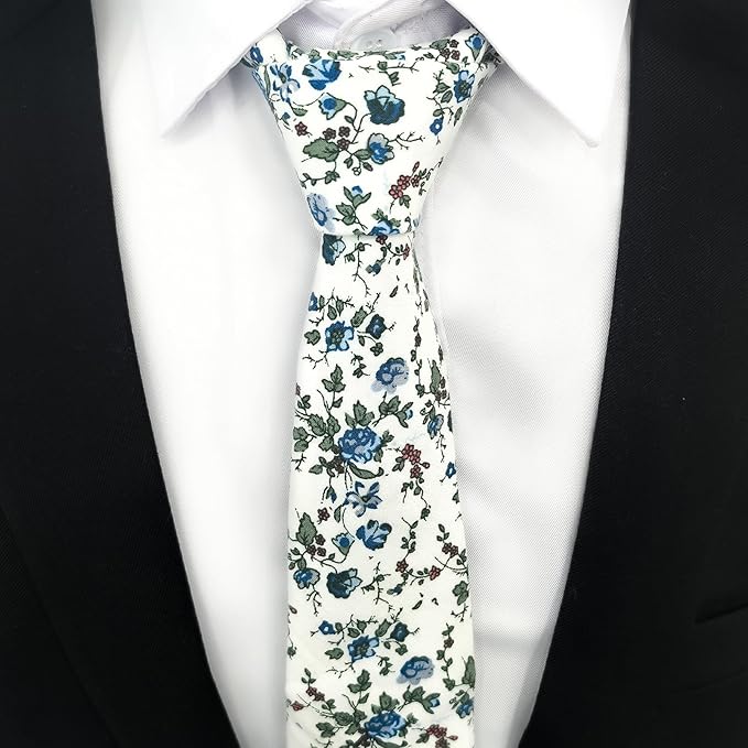 Cotton Floral Ties for Men 2.76" Men's Skinny Tie Linen Flower Printed Neck Tie for Wedding Dating Party