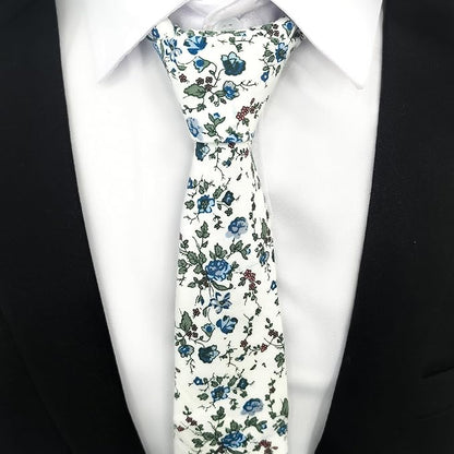 Cotton Floral Ties for Men 2.76" Men's Skinny Tie Linen Flower Printed Neck Tie for Wedding Dating Party