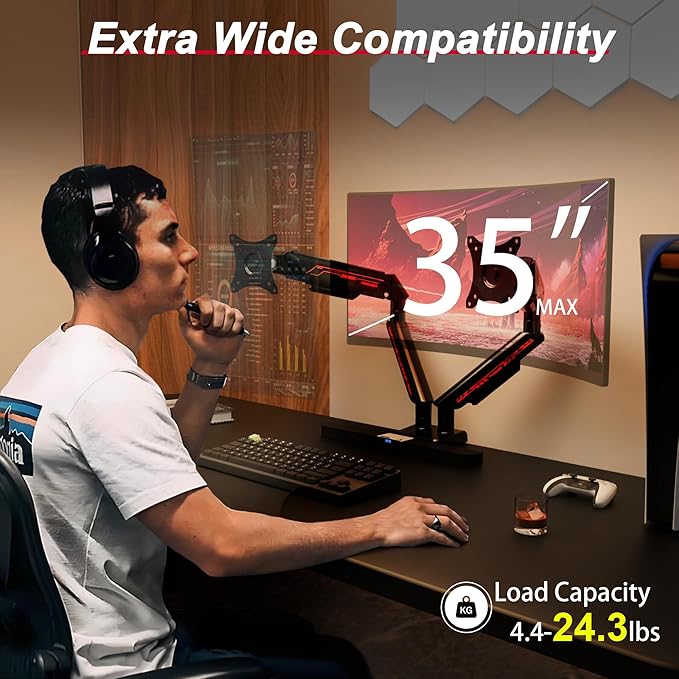 Monitor Arm, Gas Spring Monitor Stand for 17-35 Inch Screens up to 24.3 lbs, Adjustable Mount with C-Clamp & Grommet Base, Ergonomic Computer Mount (Dual Arm Black)