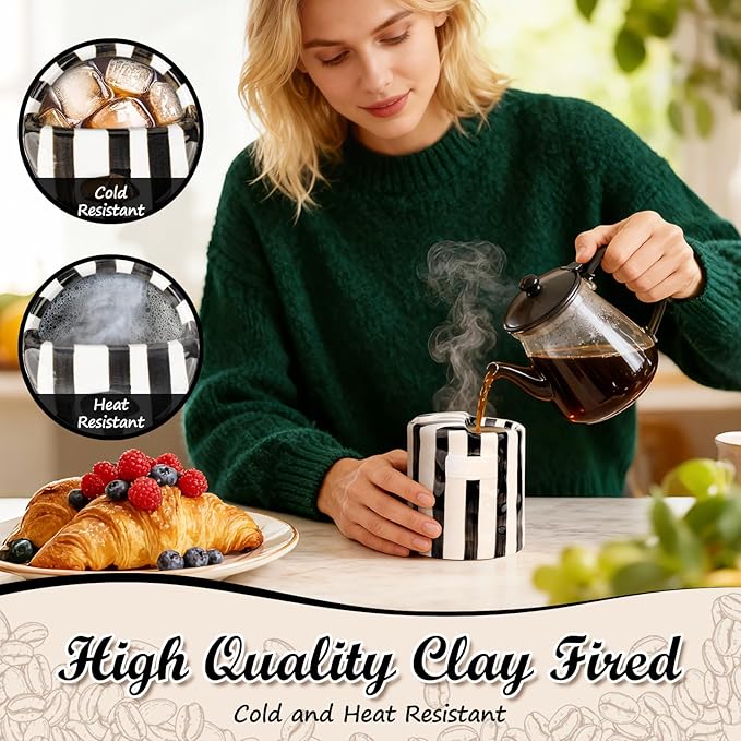 Novelty Ceramic Coffee Mug Designed to Look Like a Gift Box, 10oz Retro Hand-Painted Ceramic Travel Mug, Brown & White Striped, Microwave & Dishwasher Safe, Perfect Present for Coffee Lovers (Black)