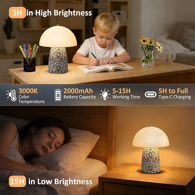 11" Mushroom Table Lamp, Small Ceramic Desk Bedside Lamp with Touch Control 3-Way Dimmable & Glass Shade, Modern Nightstand Lamp for Living Room Bedroom Home Office Crackle Texture Decor-Black