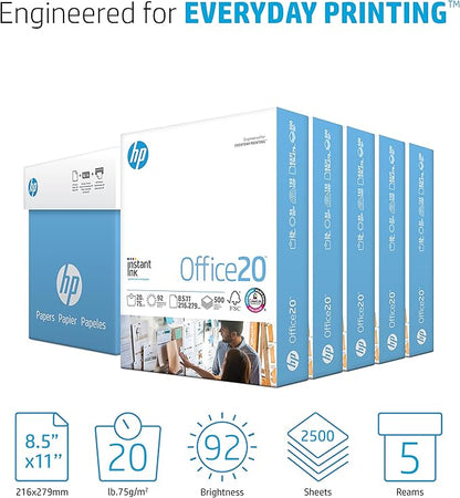 HP Paper Printer Paper 8.5x11 Office 20 lb 5 Ream Case 2500 Sheets 92 Bright Made in USA FSC Certified Copy Paper HP Compatible 112150C
