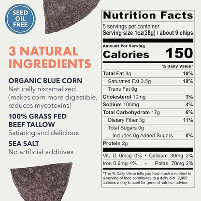 MASA Chips Blue Corn Tortilla Chips - Naturally Grown Blue Corn with Grass Fed Tallow and Sea Salt Tortilla Chips - No Seed-Oil Snacks - 2 Pack, 5 Ounce Each