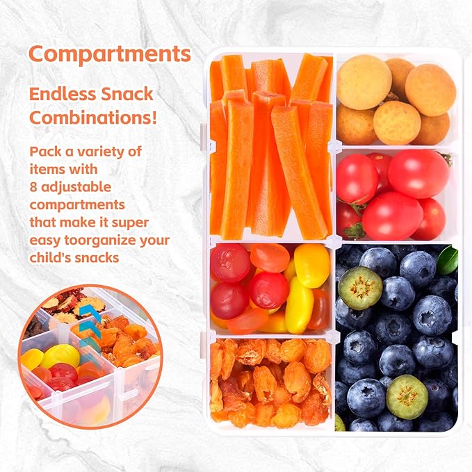 AQSXO 4 Pcs Snack Box Container for Kids, 8 Compartments Snack Containers Reusable Meal Prep Lunch Containers.