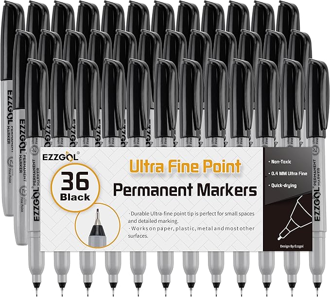 Ultra Fine Permanent Marker, 36 Pack Ultra Fine Point Black Permanent Marker set, Works on Plastic, Wood, Stone, Metal and Glass for Doodling, Marking