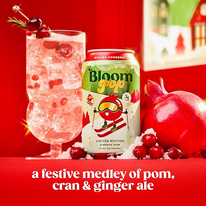 Bloom Pop Prebiotic Soda 12 Pack, Winter Pomberry Flavor, 12oz Cans | Prebiotic Soda for Gut Health, Low Calorie Soda, No Caffeine, Healthy Soft Drink Alternative