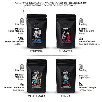 Spine Coffee Club LLC 4-Pack Gourmet Coffee Sampler Gift Box Set with Ethiopia, Sumatra, Guatemala, Kenya Single Origin Selection - Whole Bean