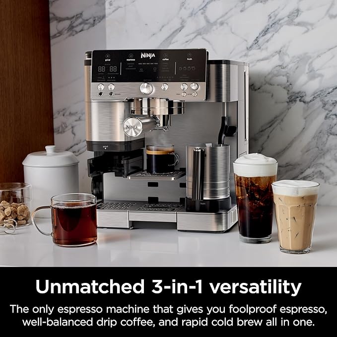 Ninja Luxe Café 3-in-1 Espresso, Drip Coffee and Cold Brew Machine | Intergrated Coffee Grinder, Milk Frother, Assisted Tamper & Built-In Espresso Accessory Storage | Stainless Steel | ES601