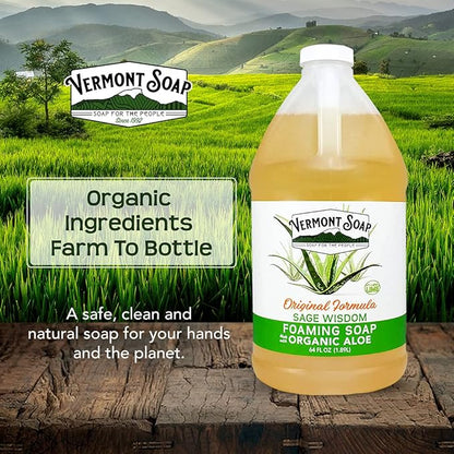 Vermont Soap Organic Sage Lime Wisdom Foaming Hand Soap - Natural Moisturizing Soap for Dry Skin - Fragrance Free Liquid Bathroom Hand Soap - Sage Lime Wisdom - 64 oz