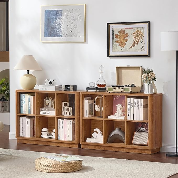 6 Cube Storage Book Shelf, 40" Wide Low Horizontal Bookcase with Curved Edge, Floor Standing 2-Tier Wooden Bookshelf with Base, Modern Short Book Case for Bedroom, Study, Entryway, Orange Oak