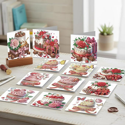 jinglinhh 12pcs Valentine's Day Diamond Art Painting Cupcake Rose Flower Butterfly Greeting Cards with Envelopes, DIY Card Making Kits for Adults, Diamond Art Birthday Holiday Cards Craft Gifts