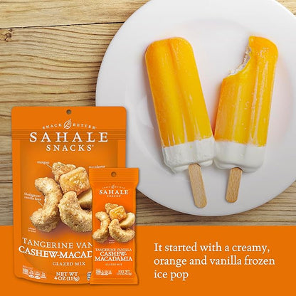 Sahale Snacks Tangerine Vanilla Cashew-Macadamia Glazed Mix,1.5 oz Grab & Go Bags(18 Packs)Dry-Roasted Deluxe Mixed Nuts with Mangoes & Madagascar Vanilla-Non-GMO,Kosher,& Certified Gluten Free Snacks