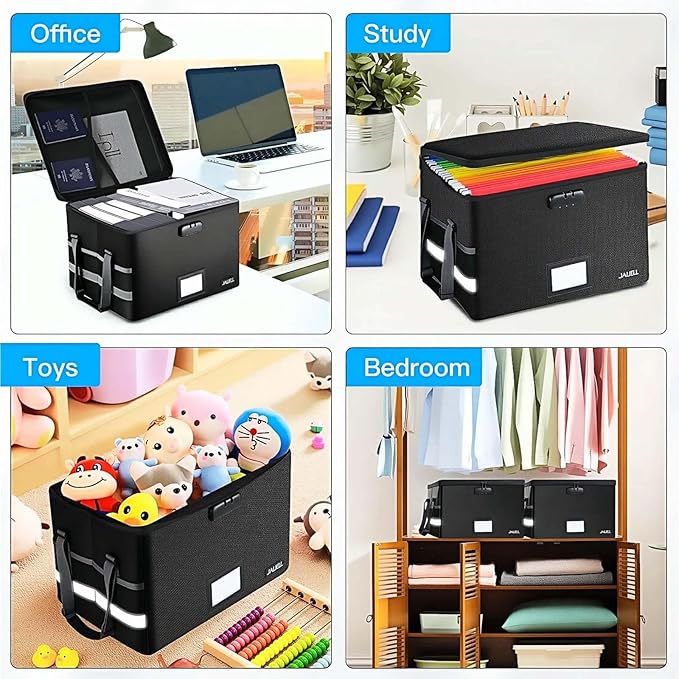 File Box with Lock - Fireproof Document Box File Organizer with Zipper & Adjustable Handle, Collapsible File Storage Box for Home Office, Filing Cabinet for Hanging Letter/Legal Folder