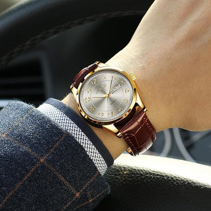 Men's Watch Big Face Easy Read Arabic Numeral Dress Watches for Men Classic Black Brown Leather Band Analog Mens Wrist Watch with Day and Date Fashion Business Waterproof Luminous Quartz Watch