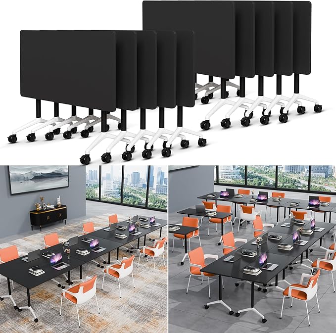 Folding Conference Table Modern Large Mobile Meeting Table Rolling Conference Room Tables with Wheels Seminar Tables for Office Training Classroom (10, Black, 63" D X 19.7" W X 29.5" H)