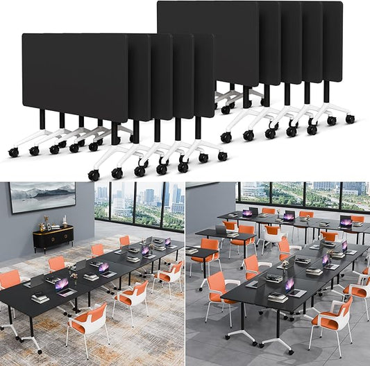 Folding Conference Table Modern Large Mobile Meeting Table Rolling Conference Room Tables with Wheels Seminar Tables for Office Training Classroom (10, Black, 63" D X 19.7" W X 29.5" H)