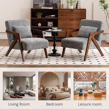 Mid Century Modern Accent Chair with Solid Wood Frame，Upholstered Chenille Living Room Arm Chairs with Pillow for Bedroom, Living Room, Reading Room, Balcony (1, Grey)