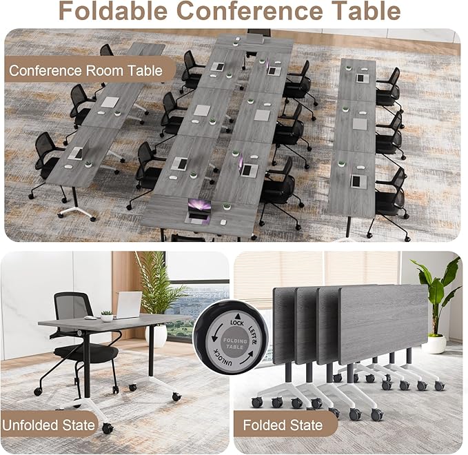 Folding Conference Table On Wheels, Modern Office Conference Room Tables for 6-12 Person Modular Mobile Meeting Table Conference Training Table for Office Classroom(Oak Ash, 63IN, 10)